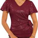 GRACE KARIN Womens Sequin Tops 2025 Ruffle Sleeve Sparkly Shirt, Glitter Party Blouses Dressy Concert Disco Outfits (XX-Large, Burgundy)