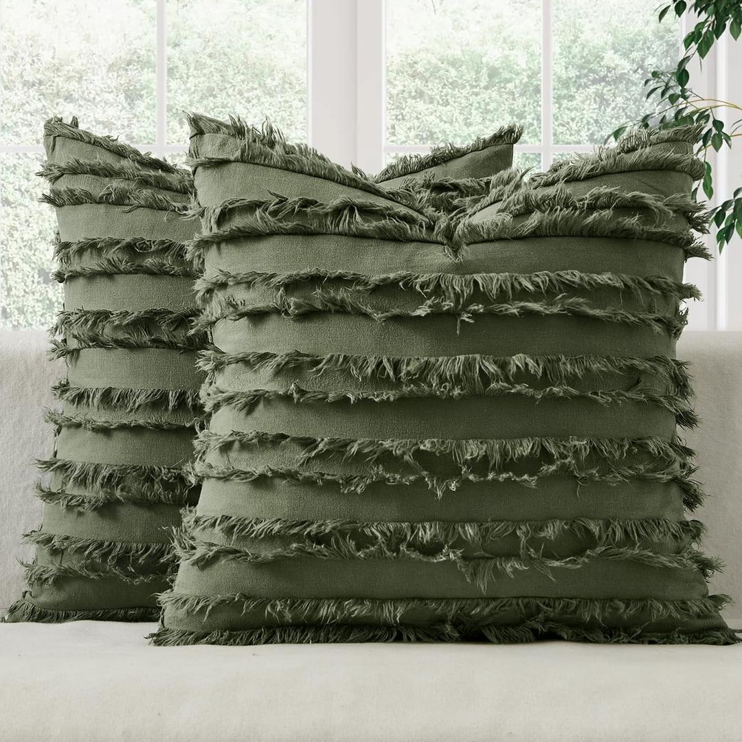 MIULEE Decorative Boho Throw Pillow Covers Set of 2 Dark Olive Green Linen Striped Jacquard Pattern Farmhouse Modern Cushion Covers for Sofa Couch Living Room Bedroom 20x20 Inch Home Decor