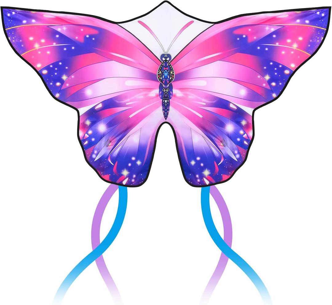 Butterfly Kite for Adults & Kids, Large Easy to Fly Kite with String Handle & Long Tails, Starry Pink Purple Kites for Beach Park Outdoor Activities, Perfect for Beginners & Family Recreation