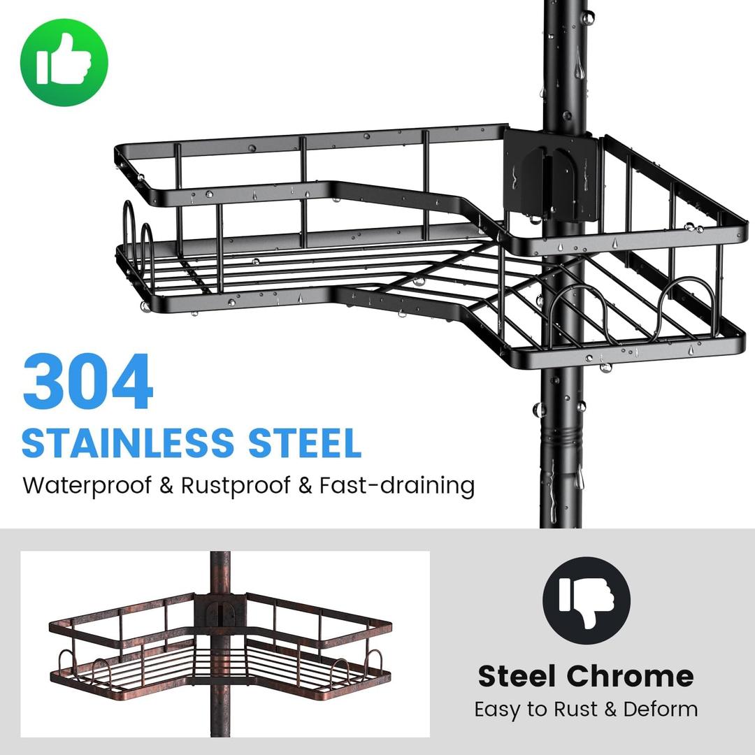 Corner Shower Caddy Tension Pole - 4 Tier Stainless Steel Rustproof Shower Corner Caddy for Bathtub Bathroom Shower Organizer Shelves Adjustable Pole 25-114.2 Inch Black