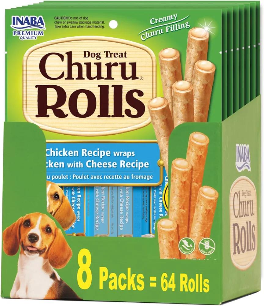 INABA Churu Rolls for Dogs, Soft & Chewy Baked Chicken Wrapped Filled Dog Treats, 0.42 Ounces Each Tube, 64 Tubes Total, Chicken with Cheese Recipe, Best By: 03.11.2027