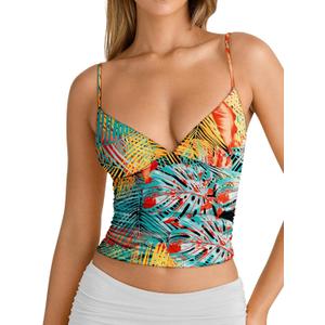 PINKMSTYLE Women's Sexy V Neck Ruched Cami Top Sleeveless Spaghetti Double Layer Fitted Crop Tank Tops (S)