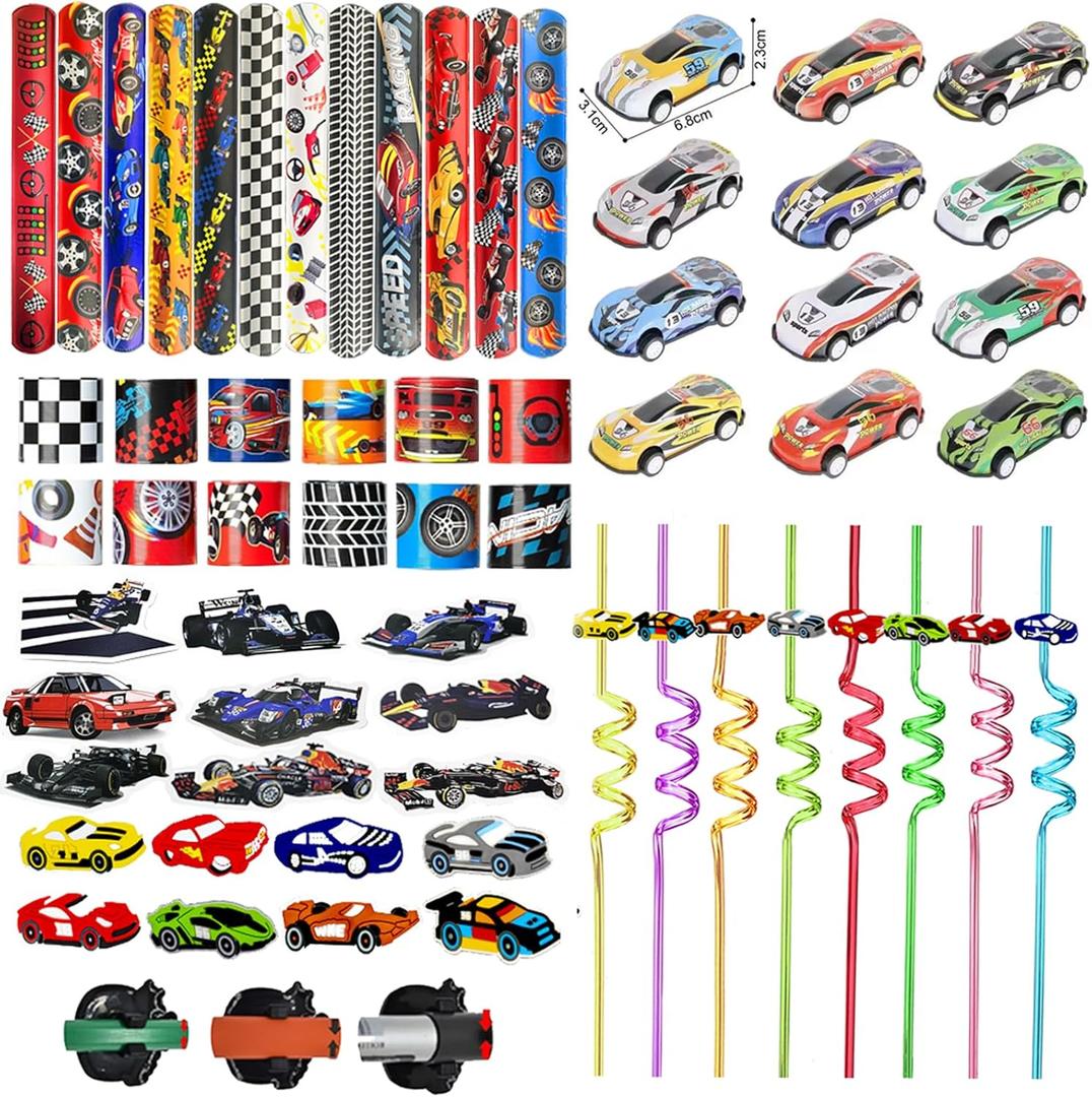 108PCS Race Car Party Favors - Themed Birthday Goodie Bags with Party Straws, Bubble Slap Bracelets, DIY Car Stickers, Pencil Caps