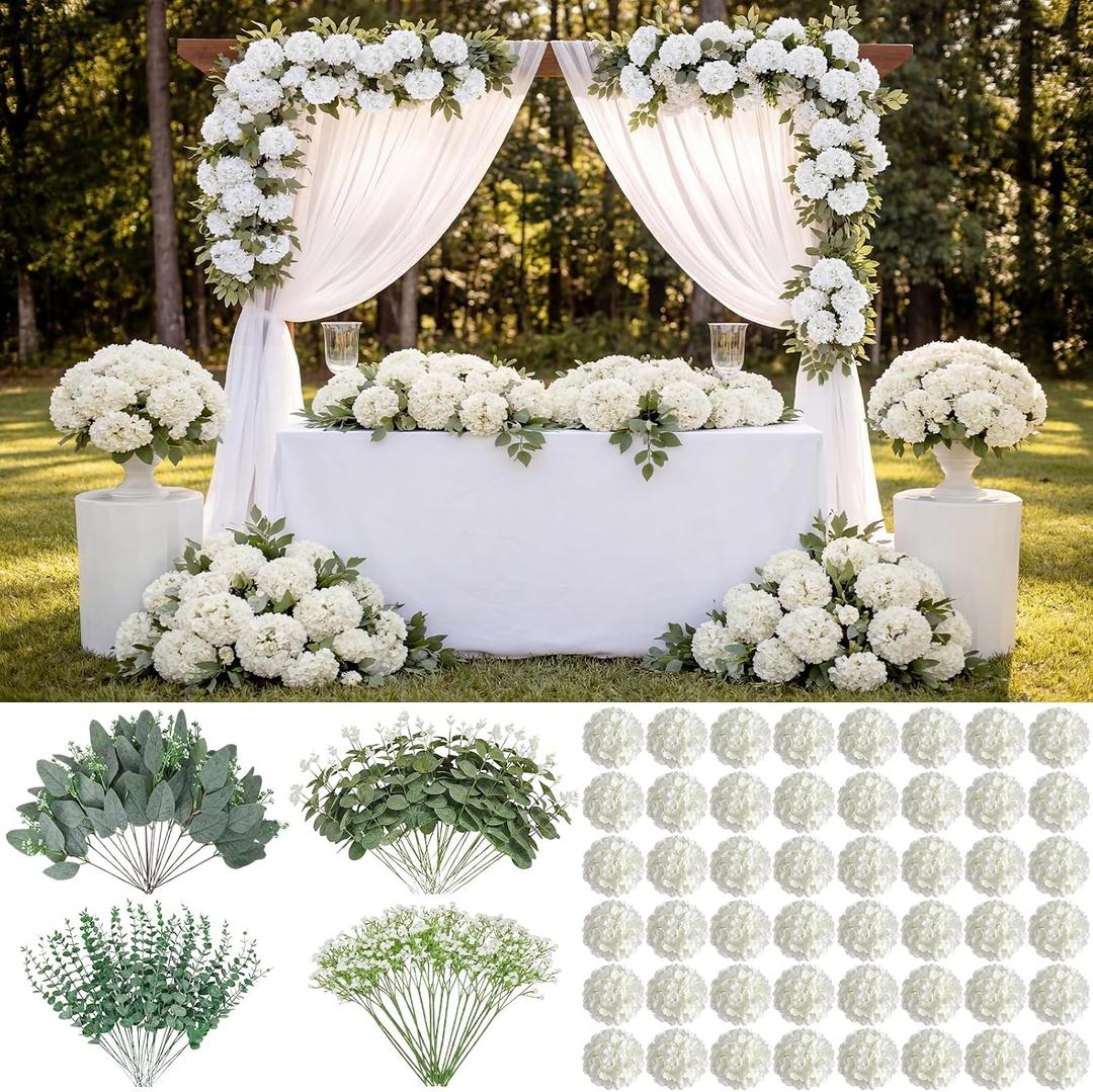 Zeyune 180 Pack White Green Artificial Flowers Bulk, Mixed Hydrangea Baby Breath Eucalyptus Leaves Greenery Stems for Wedding Centerpieces Bouquets Floral Arrangements Table Party Decor