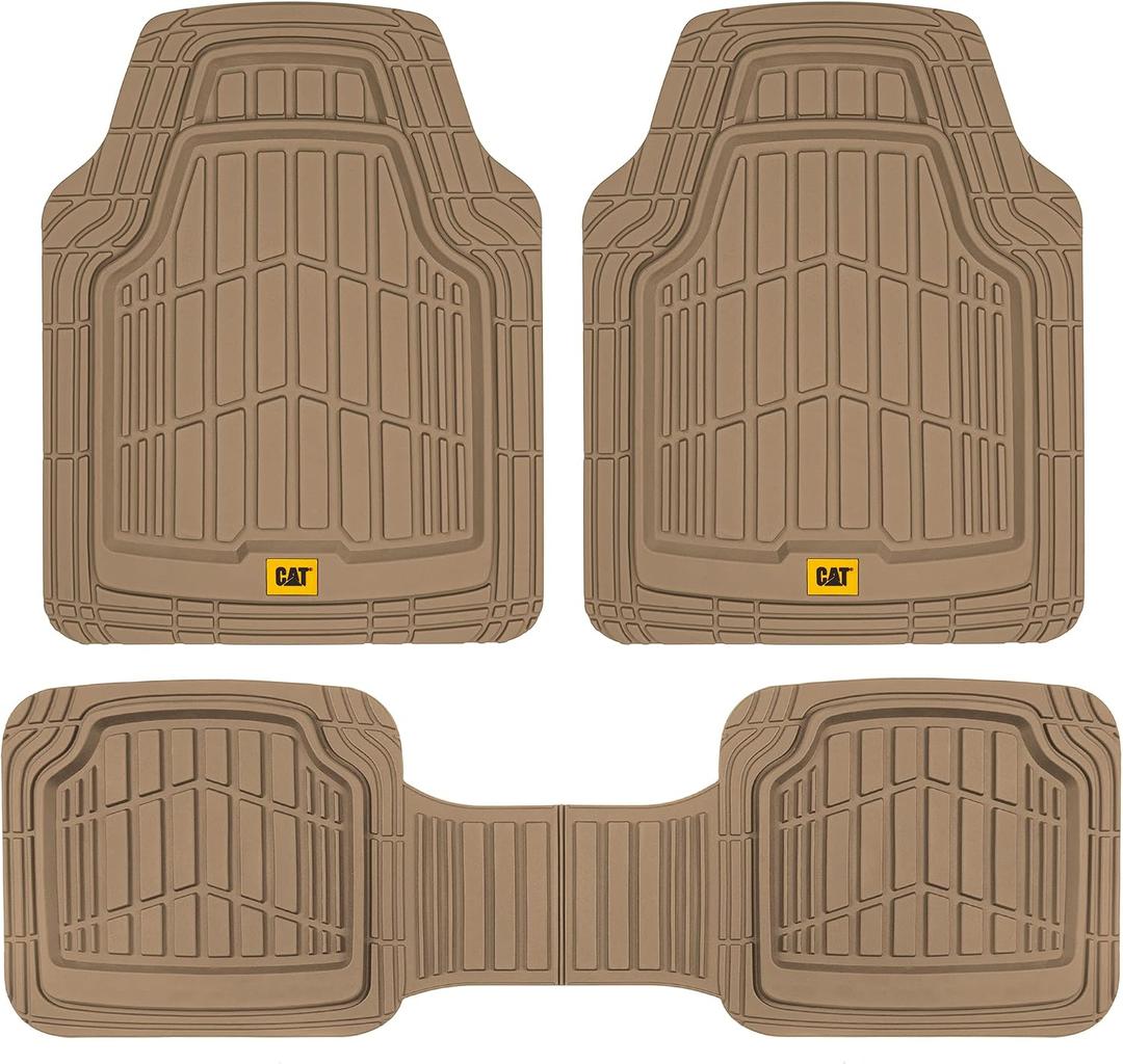Cat® ToughRide™ Heavy-Duty 3 Piece Rubber All Season Floor Mats for Car Truck Van SUV, Beige - Premium Trim to Fit Cars Floor Mat, All Weather Deep Dish Automotive Floor Mats, Total Dirt Protection