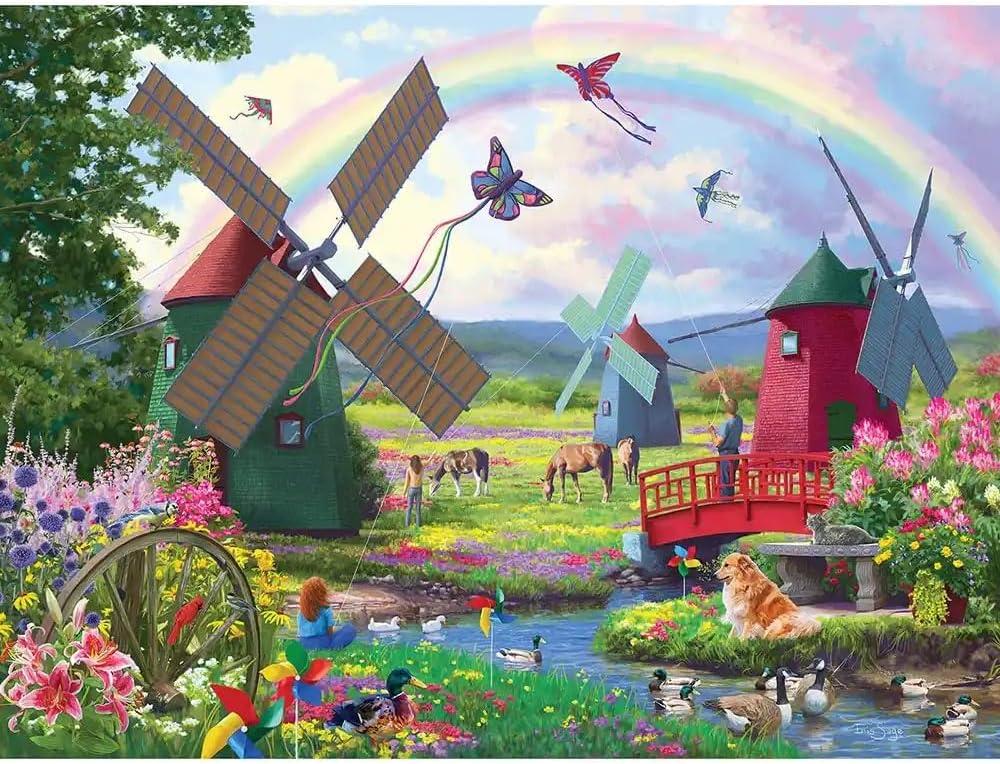 Bits and Pieces 300 Piece Puzzles for Adults 300 Large Pieces 18" x 24" Jigsaw Puzzles, Windmills Rainbow Butterfly, Random Die Cut, No 2 Pieces Alike, The Windmills