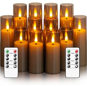 Small Flickering Flameless Candles - Battery Operated LED Fake Candles, Pack of 12 (D1.57 x H4 5" 6") for Holiday Decor, Home, Weddings (Grey) (Gray)