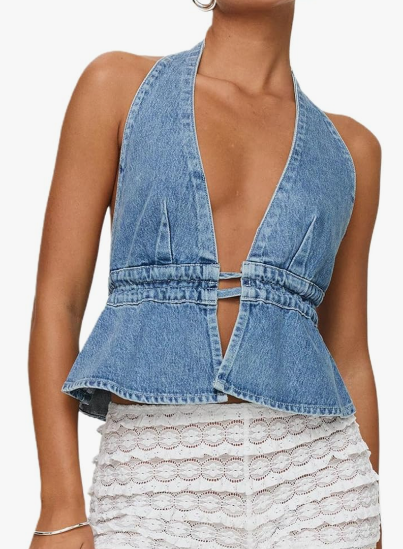 Women Sexy Deep V Neck Halter Denim Tank Top Tie Up Back Solid Color Backless Jean Vest Strapless Cropped Top, Size M