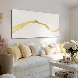 GAIDUOMAI Large Neutral Abstract Wall Decor Gold Line Art Hand Painted Contemporary White Wall Art for Living Room Modern Artwork for Bedroom Office 29x58 Inch