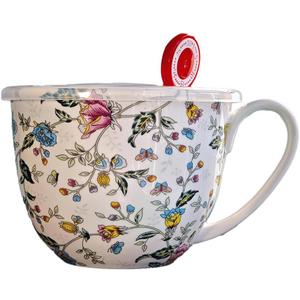 Lightweight Large Soup Mug with Lid Microwave Safe Bone China Soup Bowls with Handles, 21 fl oz Big Coffee Cup For Tea, Cereal, Soups, Large Handle for Comfort, Floral Design Gift for Women