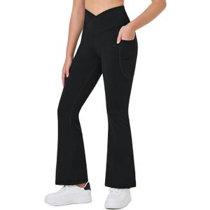 baleaf Girls' Flare Leggings Cross High Waisted Bootcut Yoga Dance Pants Kids Bell Bottoms Leggings with Pockets (Black, S)