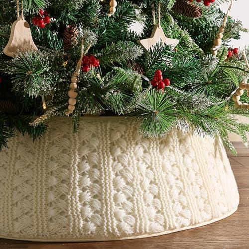 Treory Knitted Christmas Tree Collar: Cream White Basket Weave Knit Christmas Tree Collars for Artificial Trees, Rustic Handmade Tree Ring Tree Skirt Cover Beige Boho Farmhouse Christmas Home Décor