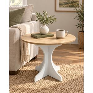 Modern Round Side Table 24in Accent End Table Coffee Table with Walnut Wood Grain Tabletop & White Curved Base for Living Room Bedroom Sofa Corner, Pedestal Nightstand for Indoor/Outdoor