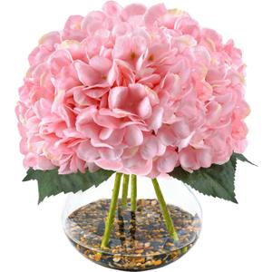 N&T NIETING Artificial Hydrangea Flowers with Vase Pink Silk Fake Flowers Faux Hydrangea Flowers with Faux Water Riverstones for Home Office Table Room Wedding Centerpiece Decorations
