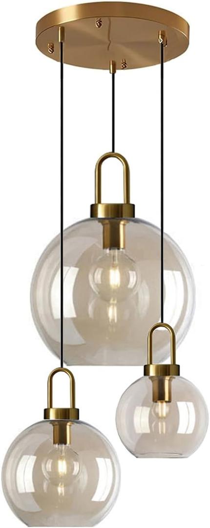3-Light Amber Glass Pendant Lights  Rustic Farmhouse Ceiling Light Fixture for Kitchen Island, Dining Room, or Living Room Large Multi-Shape Hanging Light (Spherical)