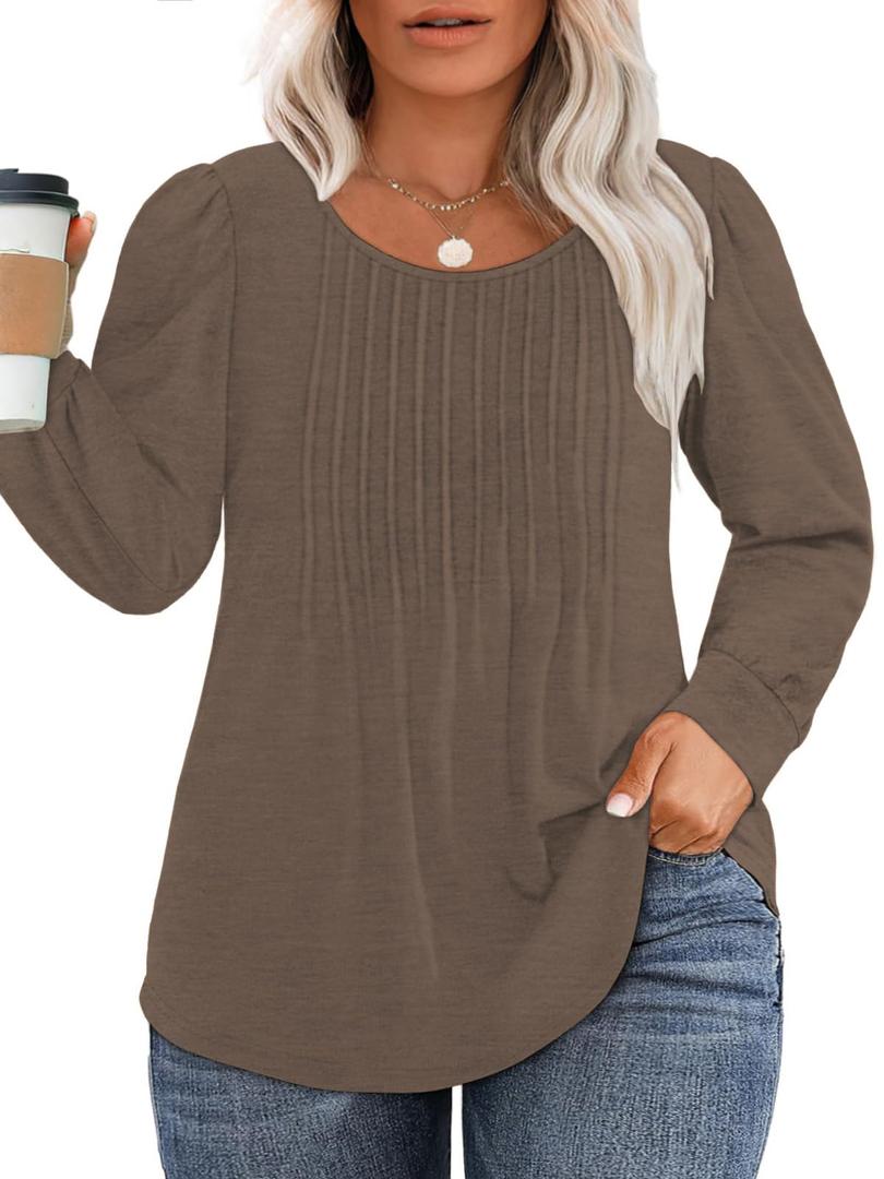 Long Sleeve Shirts for Women Plus Size Flowy Swing Pleated Blouse Coffee (Brown)