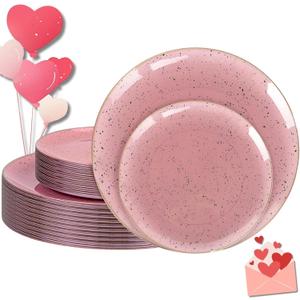 Liacere 32PCS Pink Plastic Plates - Pink Plastic Ceramic Disposable Tableware Plates Modern Dinnerware Set - Wedding & Party & Mothers Day