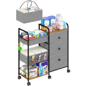 Cidaziya 2In1 Baby Diaper Caddy Organizer and Storage, 3 Tier Rolling Cart with Dividers and Drawers, Mobile Utility Cart Baby Dresser Clothes Organizer for Changing Table, Crib Nursery, Bedroom, Grey