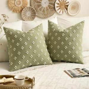 EMEMA Decorative Throw Pillow Covers Rhombic Jacquard Pillowcase Cushion Case Rectangle for Couch Sofa Bed Living Room Bedroom Set of 2, 26x26 Inch, Sage Green