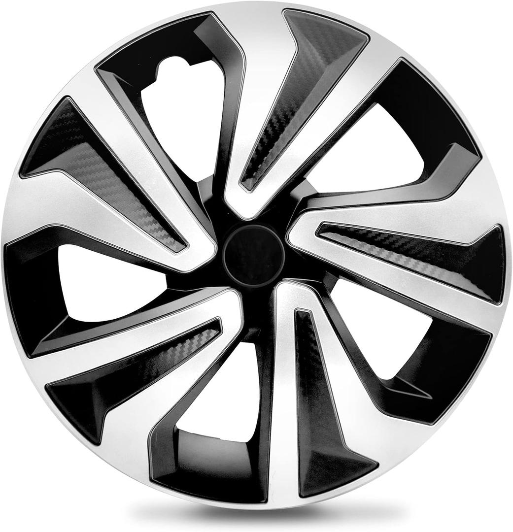 Universal15 inch Hubcaps Exterior Accessories for Car Black Carbon/Silver Wheel Cover Set of 4 Fits Toyota Corolla Honda Volkswagen Chevy Chevrolet Mazda Dodge Ford and Most Cars