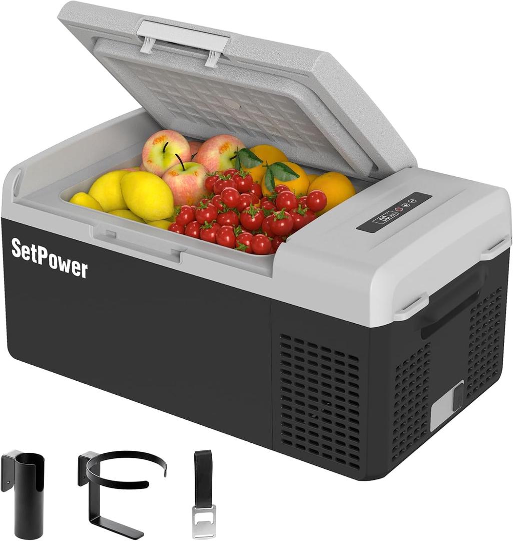 Setpower FC15 Portable 12v Refrigerator, -4-68 Fast Cooling Car Refrigerator, 15L/15.8Qt Car Fridge Portable Freezer with 12/24V DC & 110/240V AC, Electric Cooler (Black&Grey, 15L With AC Adapter) (16QT)