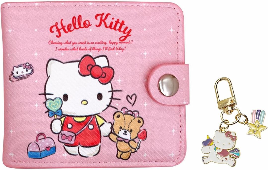 NSRAOIM Cute Small Wallet for Women and Girls, Kawaii Leather Slim Purse Bifold Card Holder Coin Pocket and ID Window, 2Pcs Set