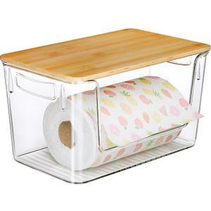 Acrylic Paper Towel Holder with Bamboo Lid, Kitchen Under Sink Organizers and Storage Trash Bag Holder Dispenser