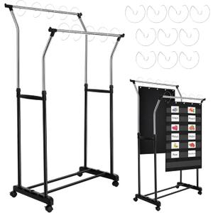 Double Layer Pocket Chart Stand Adjustable to 63 Inch Anchor Chart Holder with Casters Rolling Stainless Steel Teacher Supplies with 10 Hooks for Classroom Teaching Educational Tool(Black)