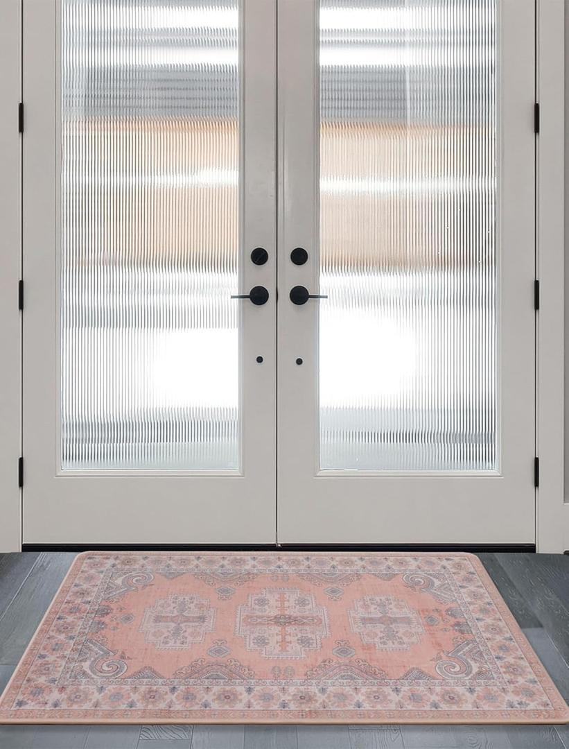 Washable Entryway Runner Area Rug : 2x3ft Stain Resistant Small Entry Rug Boho Doorway Throw Rug Non Slip Laundry Room Floor Carpet for Bedroom Bedside Kitchen Indoor Home Decor Doormat (2ft x 3ft (Rectangular), Coral-pink)
