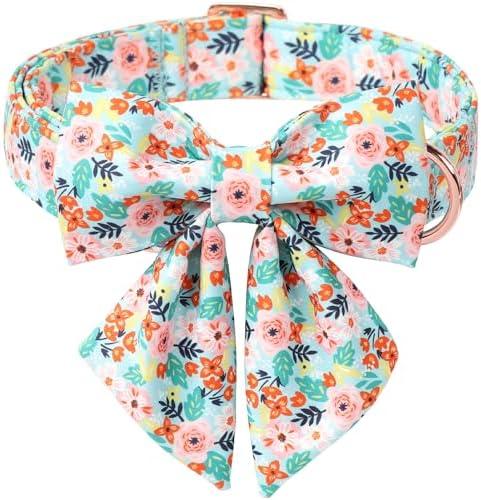 Babole Pet Floral Dog Collar with Bow Tie - Adjustable Blue Flower Lady Bow Collar Breathable Comfort Spring-Summer Dog Collars for Small Medium Large Dogs, L