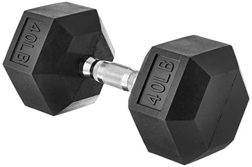 Amazon Basics Rubber Hex Dumbbell Weight with Comfortable Handle for Home Gym Workout, 40 pound, Single, Black