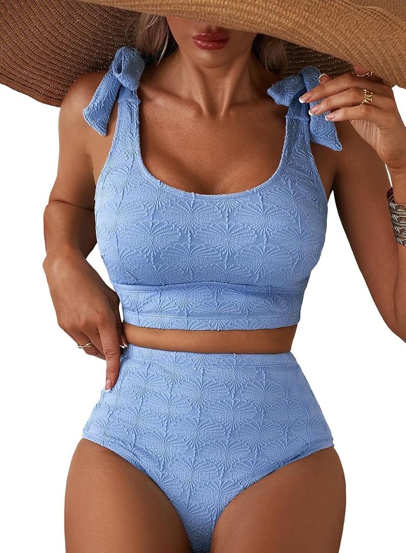 Herseas Women 2 Piece High Waisted Bikini Sets Seashell Textured Tie Strap Swimsuits Bathing Suit Beach Summer Outfits (Blue, L)