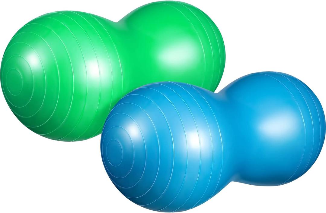 Meooeck 2 Pcs Peanut Ball for Kids 39 x 20 and 31 x 15 Peanut Exercise Ball Yoga Balance Stability Sitting Ball Flexible Seating for Therapy, Labor, Birthing Dog Training, Green and Blue, with Pump