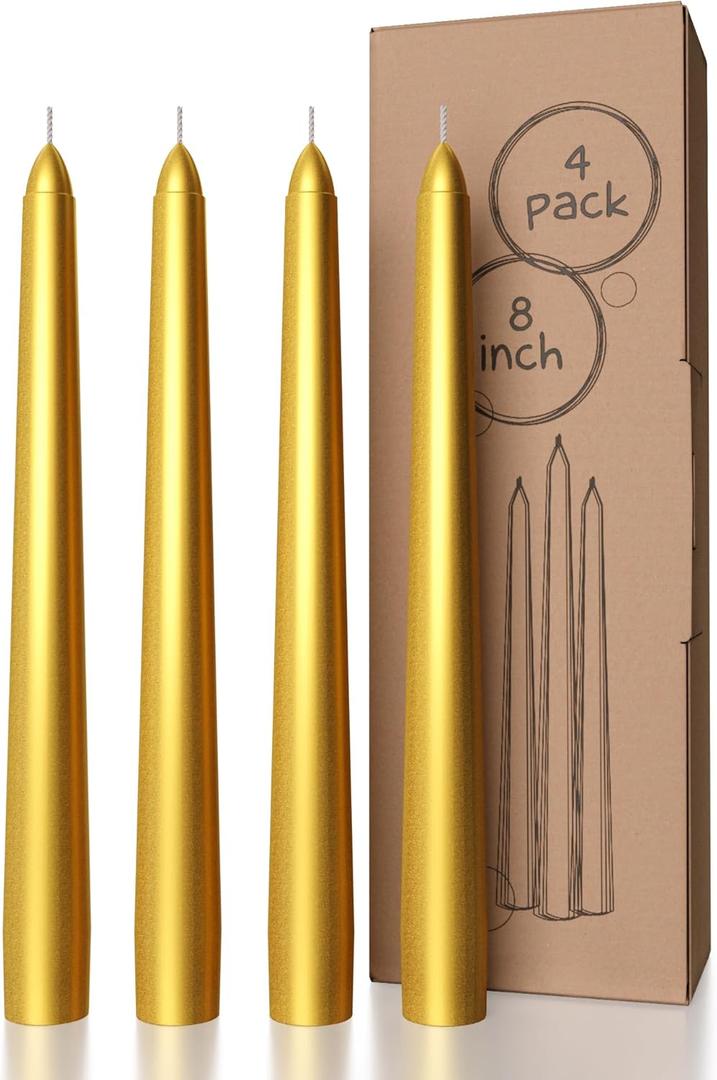 CANDWAX 8 inch Gold Taper Candles Set of 4 - Christmas Candles Taper Dripless - Tall Candles Long Burning Fragrance-Free - Gold Candlesticks