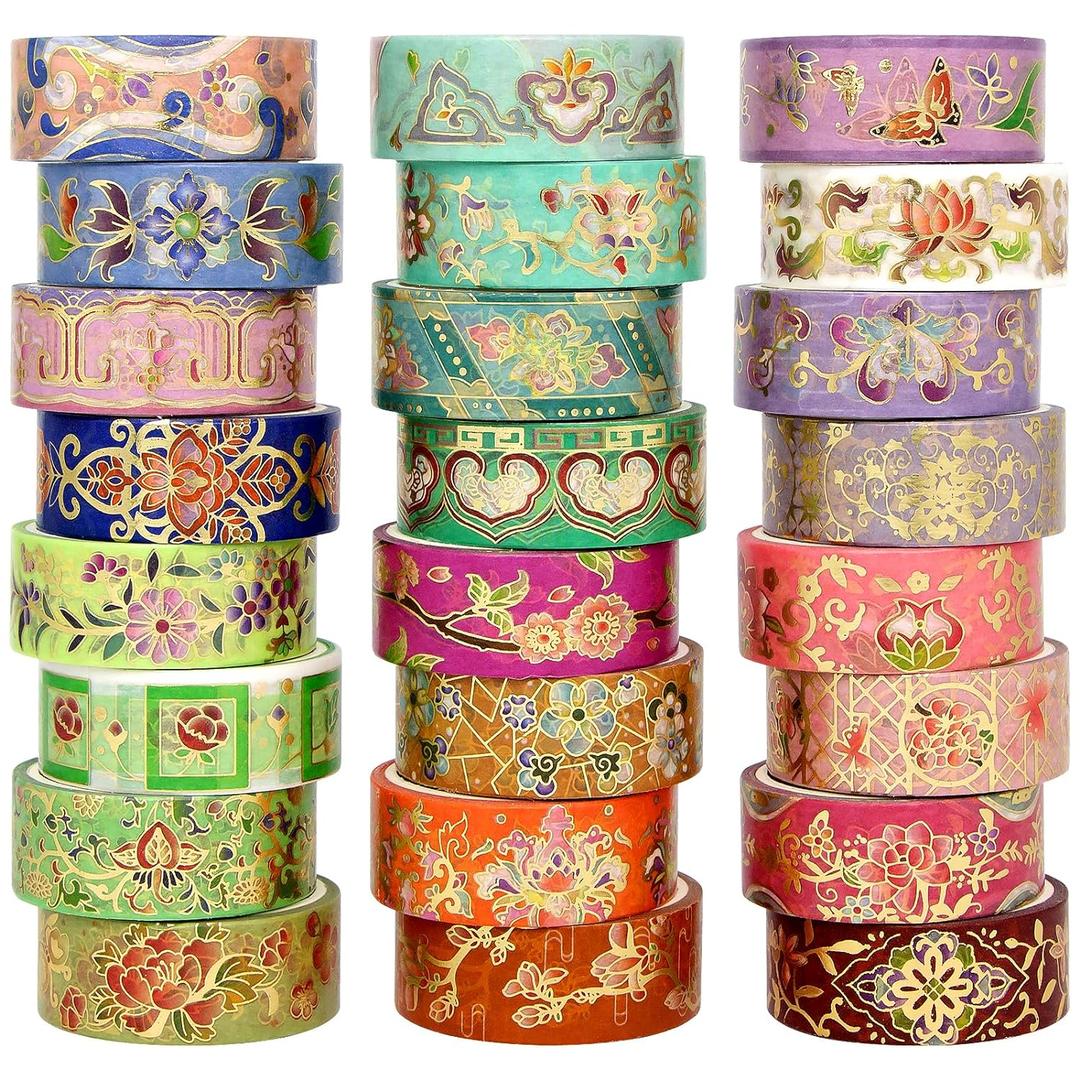 24 Rolls Washi Tape Set, Gold Foil Floral Decorative Tape for Scrapbooking, Bullet Journaling, Planner, DIY Crafts, Christmas - Floral Feast