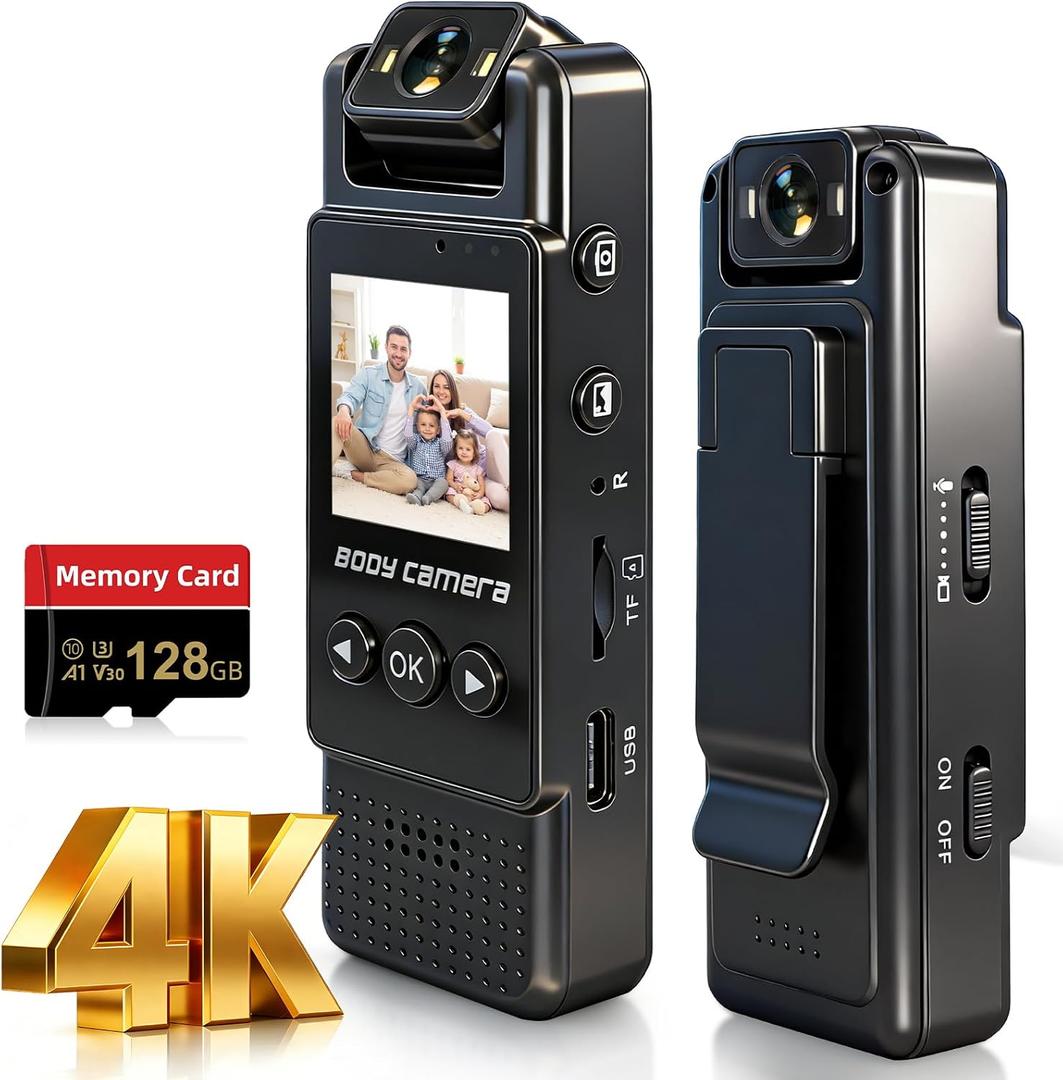 4k Mini Body Camera with Audio and Video Recording, 128GB Wearable Camera with 180 Rotating Lens, Chest Camera with Night Vision & 6-Hour Battery Life for Travel, Cycling, Work Security