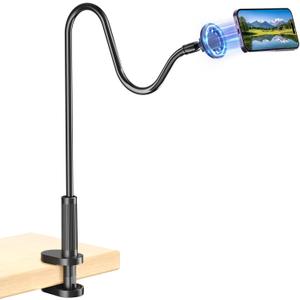 Gooseneck Phone Holder for Bed, Magnetic Cell Phone Stand for iPhone 16 15 14 13 12 Pro Max Plus Mini, Flexible Long Arm Mount 360 Adjustable for Desk Bedside Filming (Black)