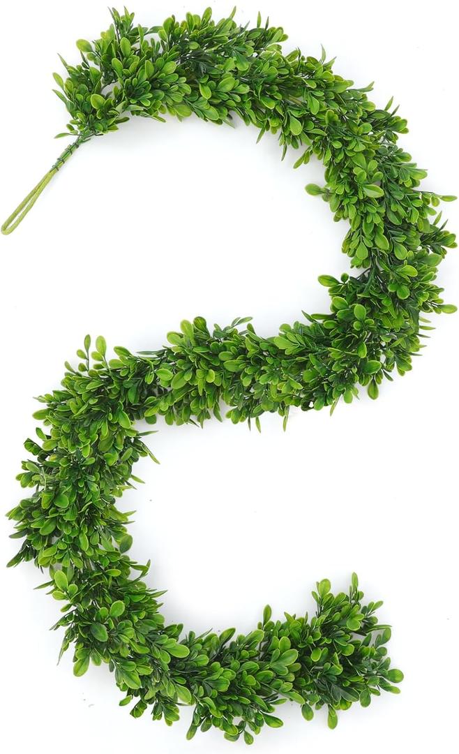 Dingion 6 ft Artificial Boxwood Garland Spring Faux Greenery Garland Preserved Green Leaves Fake Vines Hanging Plant Realistic Green Decor for UV Outdoor Indoor Wedding Backdrop Arch Wall Table