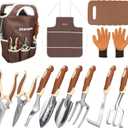 Brown Gardening Tools Set 12-Piece, Garden Hand Tool Kit with Non-Slip Ergonomic Handle, Storage Tote Bag, Garden Apron, Gloves and Kneeling Pad, Gardening Gifts for Women Men Plant Lover
