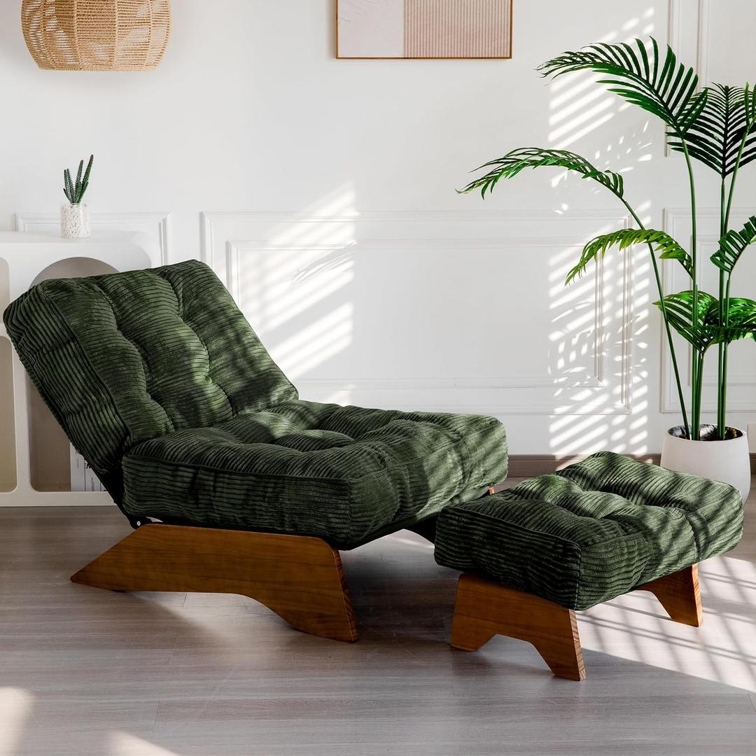 MAXYOYO Accent Chair with Ottoman Adjustable Backrest, Tufted Living Room Chair Upholstered Lounge Chair with Footrest Set, Modern Chair Cozy Reclining Chair for Reading Room, Green, Large