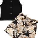 Girls 2 Piece Outfits Summer Sleeveless Ribbed Tank Tops and Floral Shorts Set with Belt Black 13-14 Years