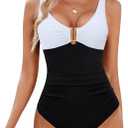 BMJL Women's Tummy Control Swimsuits Ruched Slimming One Piece Bathing Suit Deep V Neck Swimsuit (Medium, White/Black039)