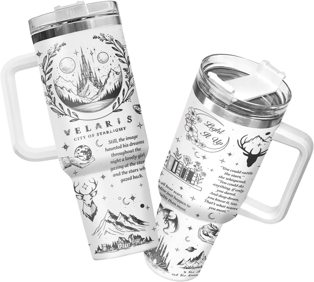 34HD Cat Coffee Tumbler with Handle & Straw, 40 oz Stainless Steel Vacuum Insulated Cat Book Travel Mug, Birthday Halloween Mothers Day Gifts for Pet Lovers Women Mom Librarian Her (Starlight 1)
