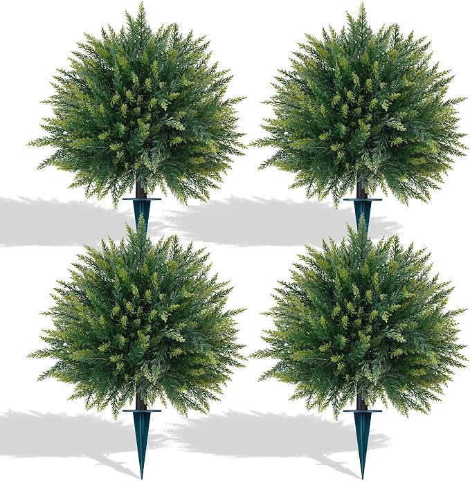 Yangrass 4PCS Artificial Cedar Topiary Ball Tree with Ground Spike,23"(2FT)