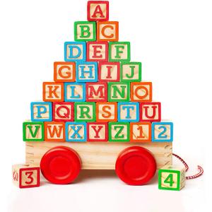 Oaktown Supply Building Blocks for Toddlers 1-3 Years Old, 30 Large Stackable Wooden Baby Blocks with Alphabet and Number Icons on Every Side, Toy Wagon Included