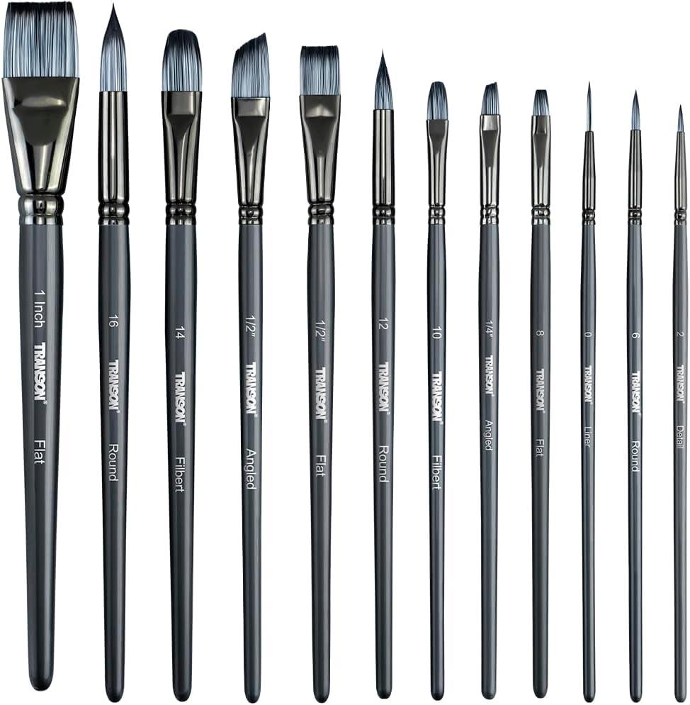 Transon Artist Paint Brush Set of 12 for Watercolor Acrylic Gouache Oil and Tempera Painting