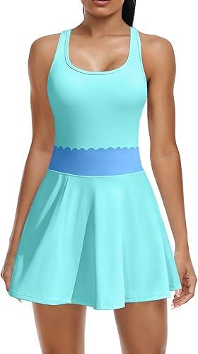 ATTRACO Women's 2 Piece Tennis Dress with Built-in Shorts Scalloped Golf Dress Racerback Athletic Skirts L