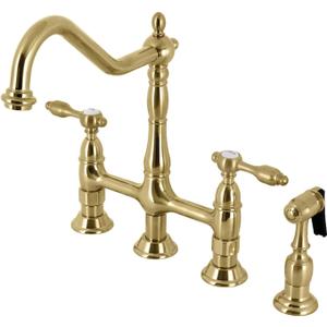 Kingston Brass KS1277TALBS Two-Handle 4-Hole Deck Mount Bridge Kitchen Faucet with Brass Sprayer in Brushed Brass