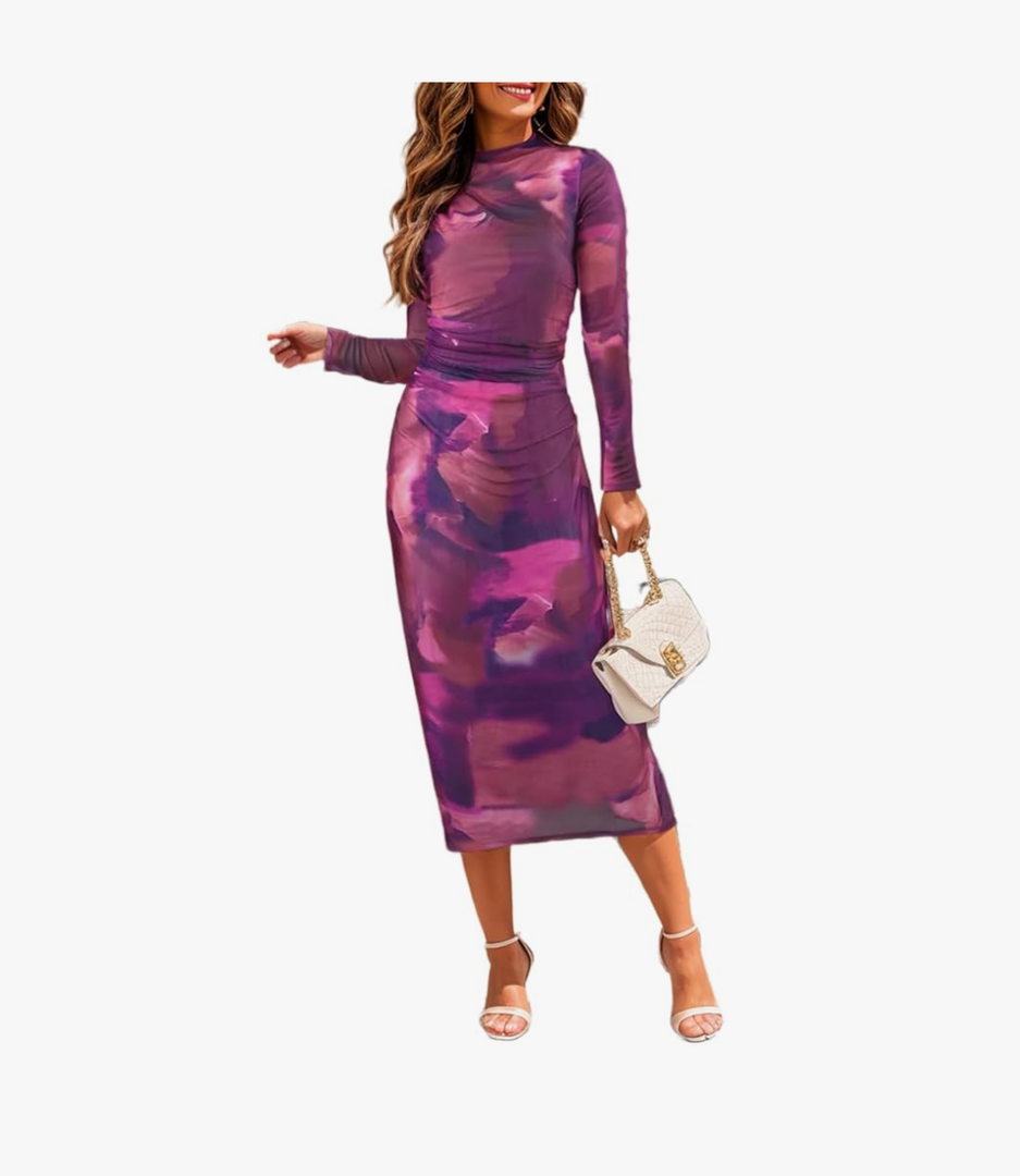 Women's Tie Dye Ruched Long Sleeve Dress Mock Neck Slim Fit Bodycon Maxi Dresses Ruched Bodycon Prom Dress M