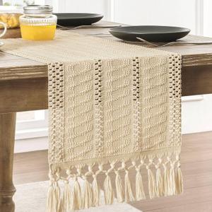 ZeeMart Macrame Style Boho Table Runner, Beige Table Runners 90 Inches Long, Farmhouse Woven Home Decor, 12x90 Inch, Beige (12"x90"(12x98",Tassel Included))